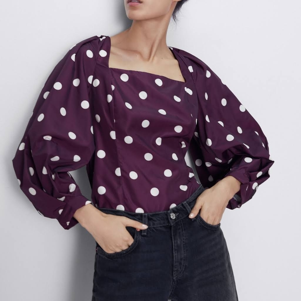 Zara NWT Polka Dot Dark Purple Top